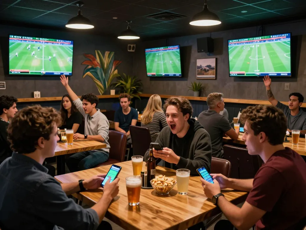 Betting on tỷ lệ bóng đá nhà cái while watching live sports with friends in an exciting lounge atmosphere.