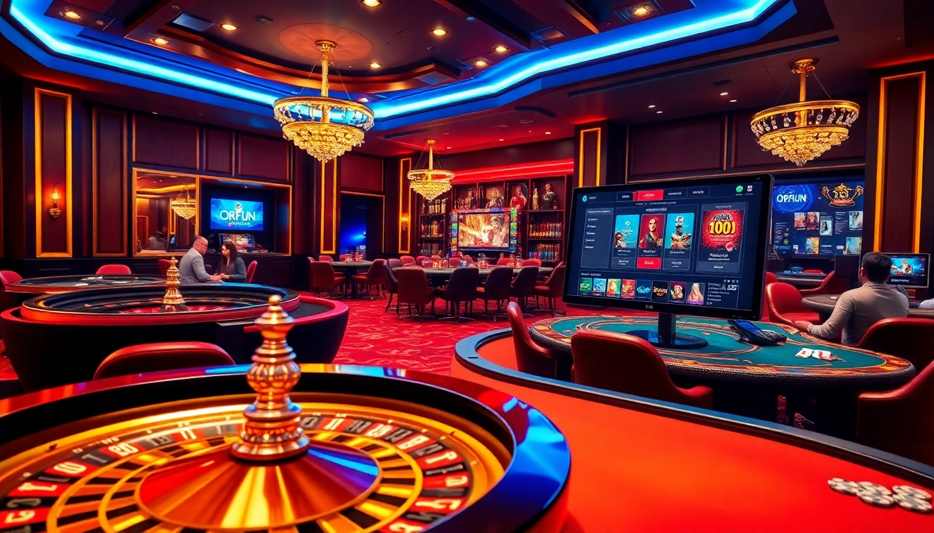 Engage in thrilling casino games at OKFUN, featuring poker tables and a roulette wheel.