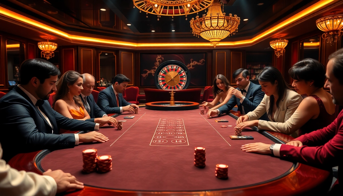 Players strategizing around an IH777 poker table in a luxurious casino setting.