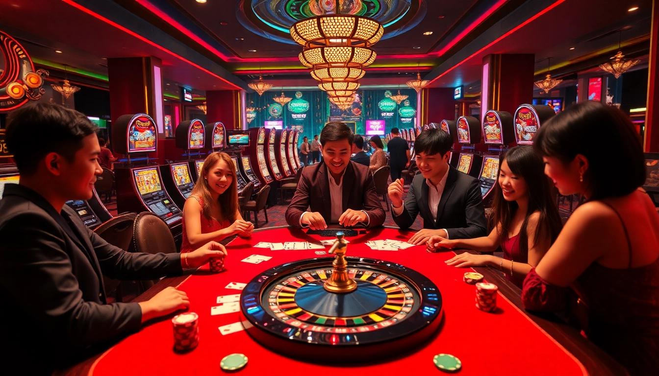 Players enjoying exciting games at DN88, an esteemed online casino, with vibrant tables and slot machines.
