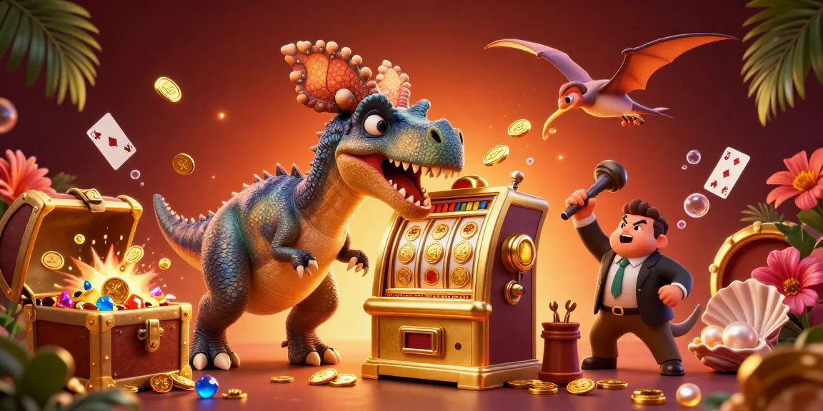 luck8 jackpot coins fill the scene as the pachycephalosaurus hits the slot machine with flying cards around
