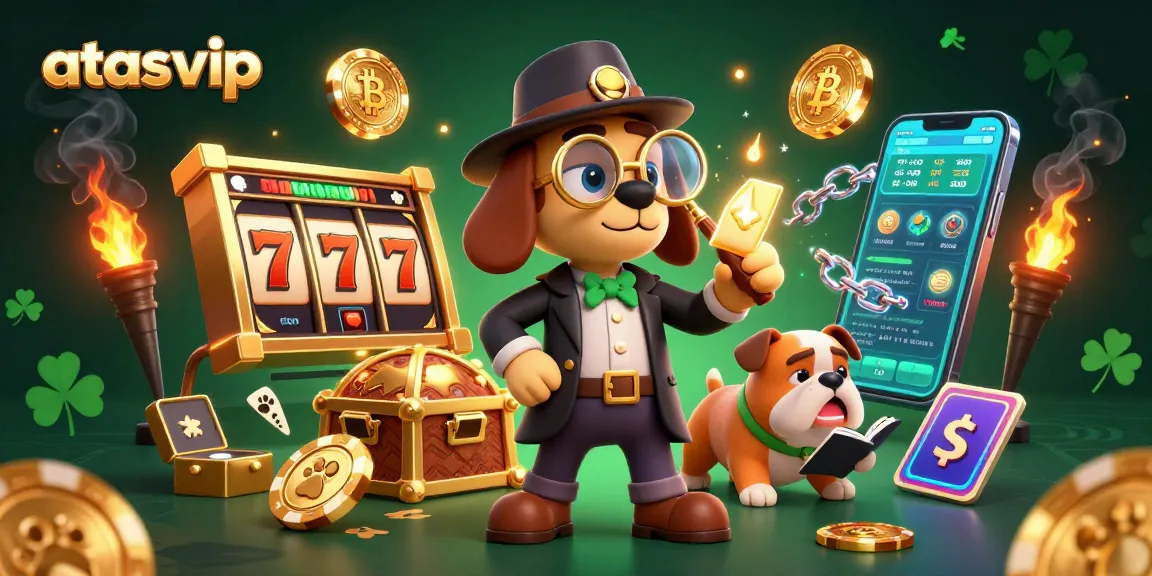 Unveiling treasure with atasvip, a 3D cartoon detective examines a poker chip amid golden elements and vibrant gaming symbols.