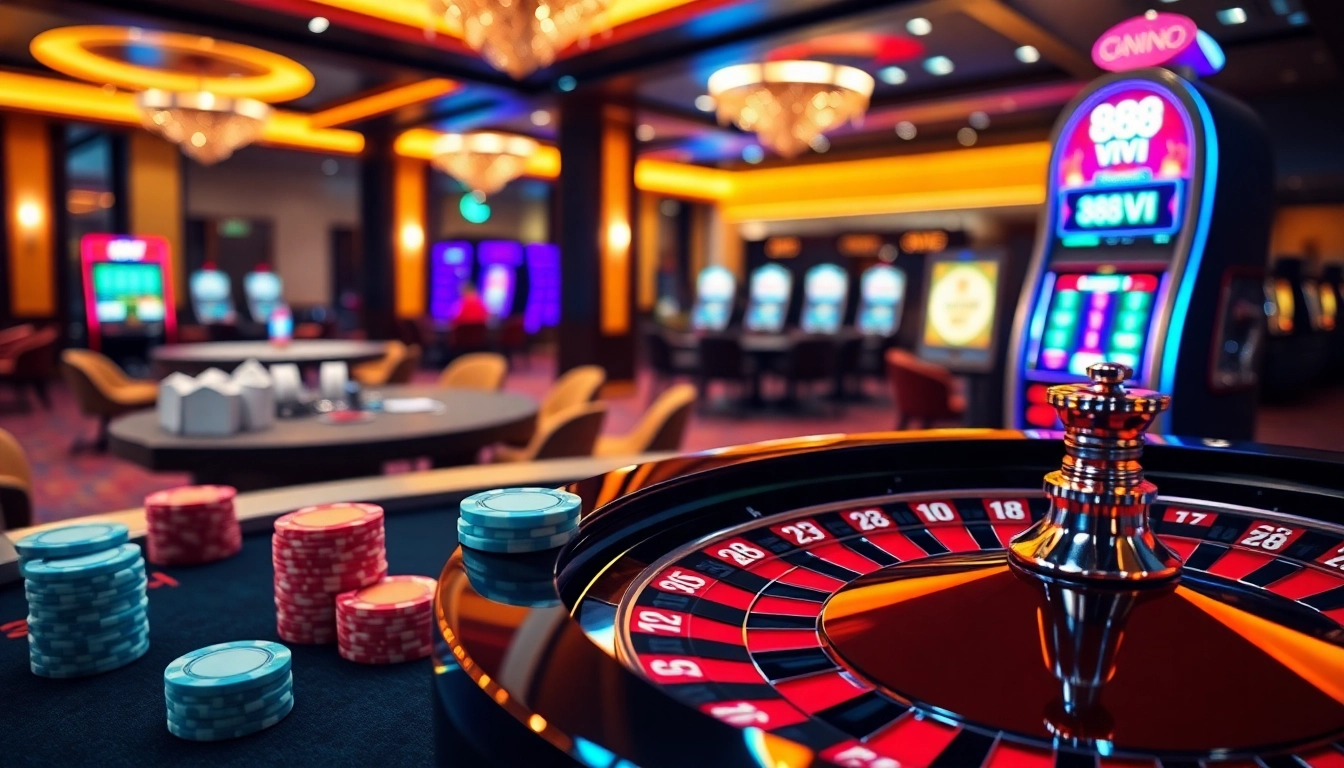 Visually explore the lavish 888VI casino scene, showcasing vibrant colors and exciting gambling elements.