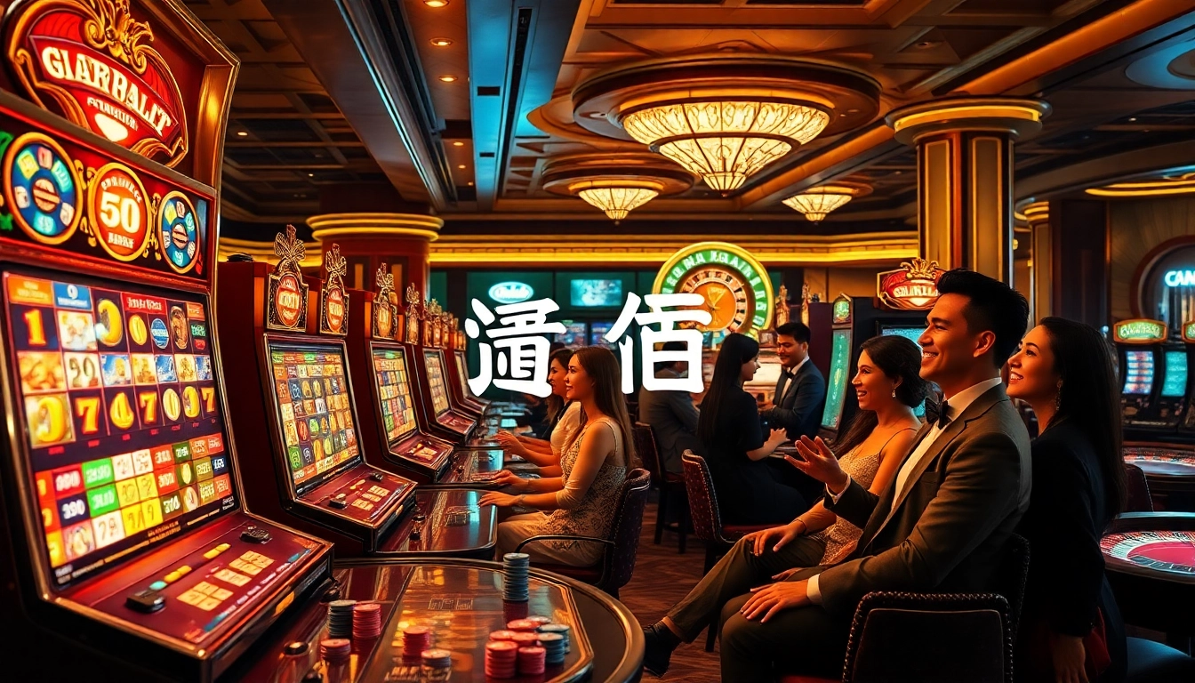 Players enjoying slot games at a vibrant 슬롯사이트, showcasing excitement and luxury in a casino setting.