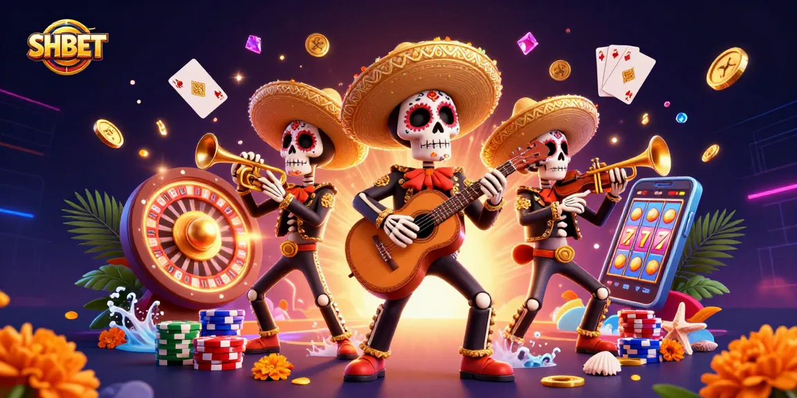 Experience the excitement of SHBET with a vibrant casino scene featuring mariachi skeletons and dynamic game elements.