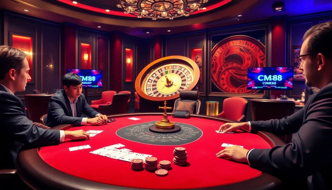 Experience high-stakes excitement at CM88's luxurious casino with vibrant poker tables and roulette action.