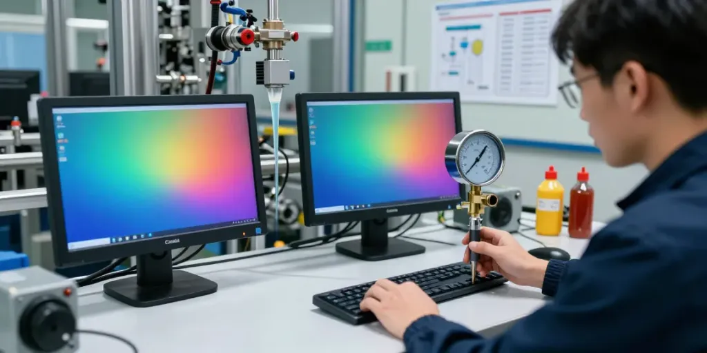 Flow Meter calibration in a modern facility showcasing precision and technical expertise.