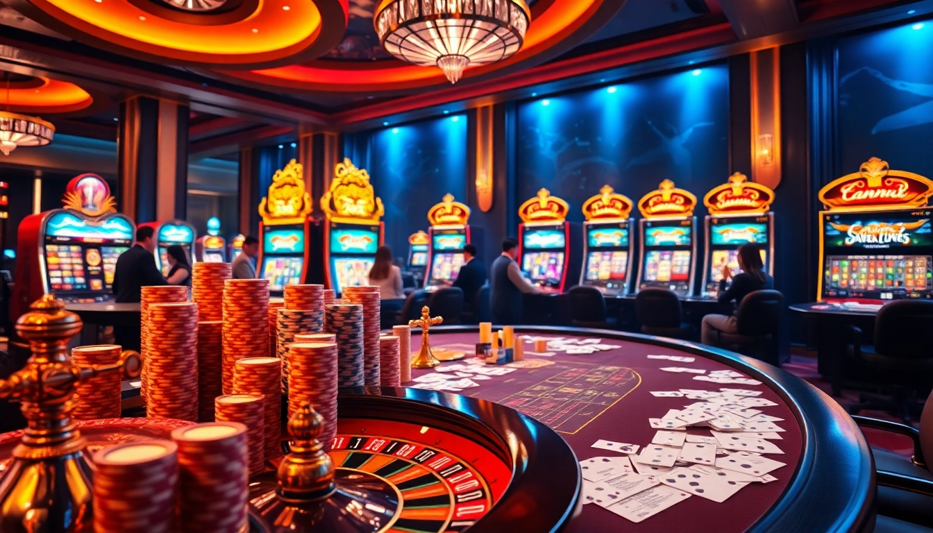 Exciting gameplay at https://kkwin.diy/ featuring poker chips, slot machines, and players in action.
