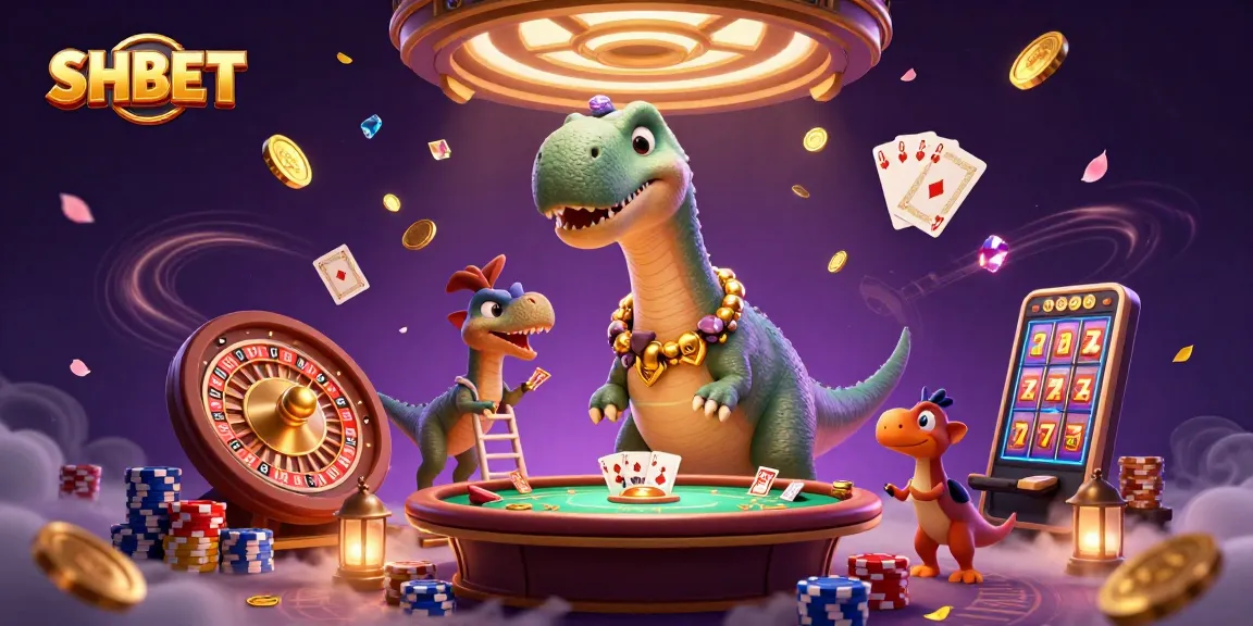 SHBET captivated gamblers with a vibrant casino scene featuring a playful dinosaur and raptor dealer.