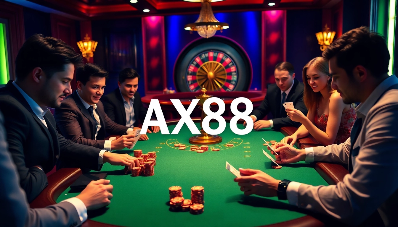 AX88 poker players engaged in high-stakes gameplay at a luxurious casino table.