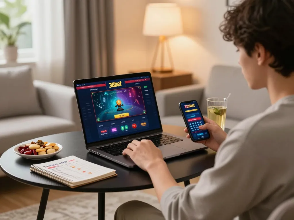 Engaging in secure online gambling with 388bet using a laptop in a cozy home environment.