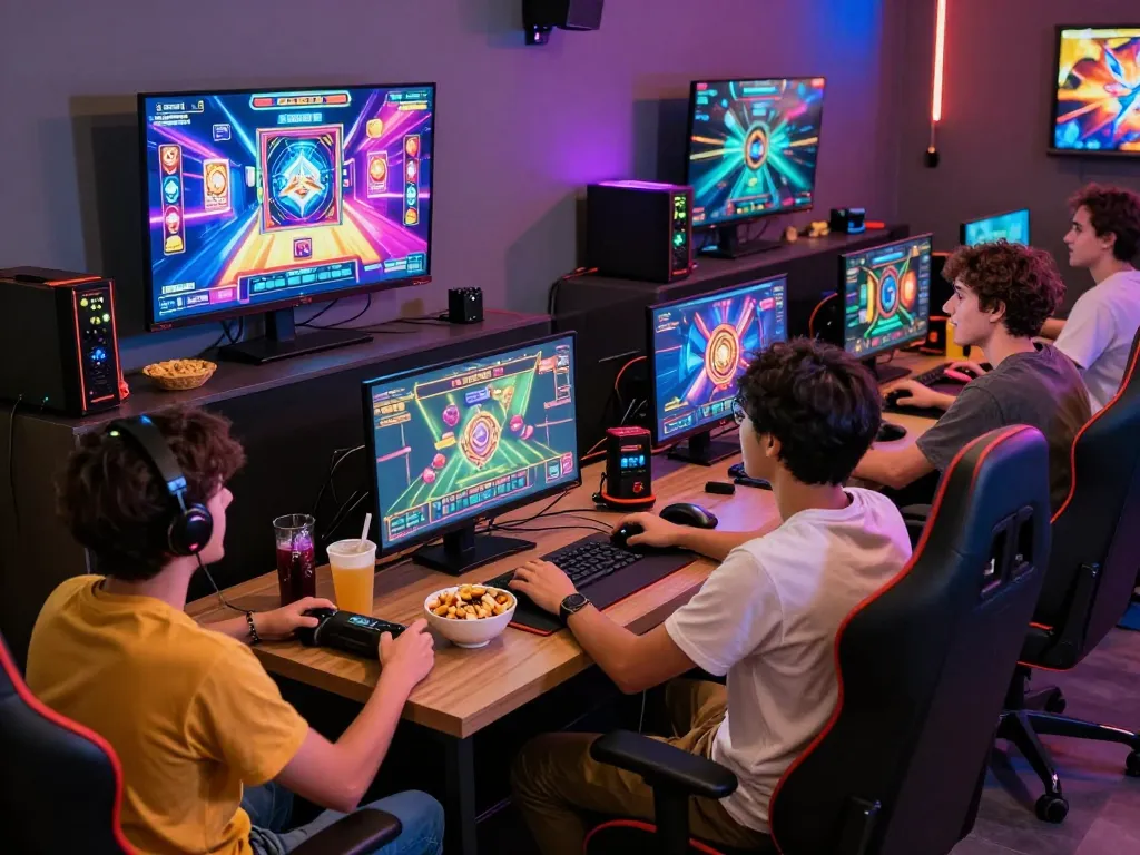 Friends enjoying a thrilling slot gacor gaming experience in a vibrant lounge with modern decor and engaging atmosphere.