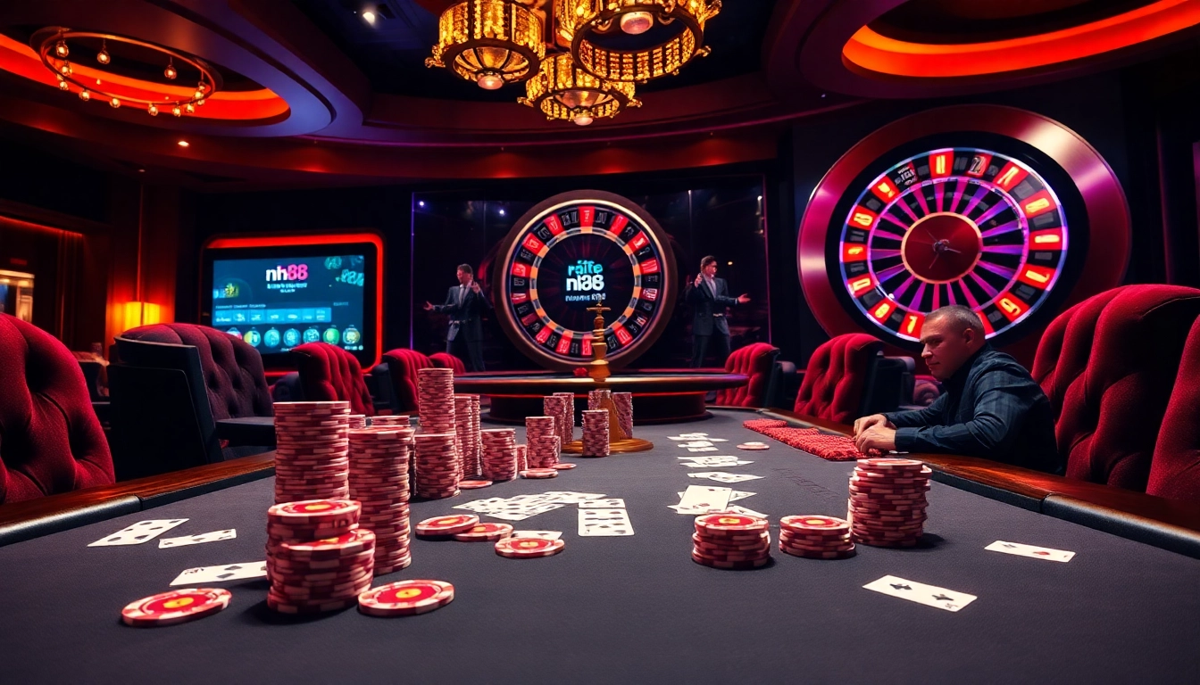 Experience the thrill of a luxury casino with players at nh88 poker and roulette tables.