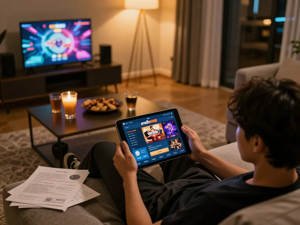 Engaging with ทางเข้า m118 casino app on a tablet in a cozy home setup.