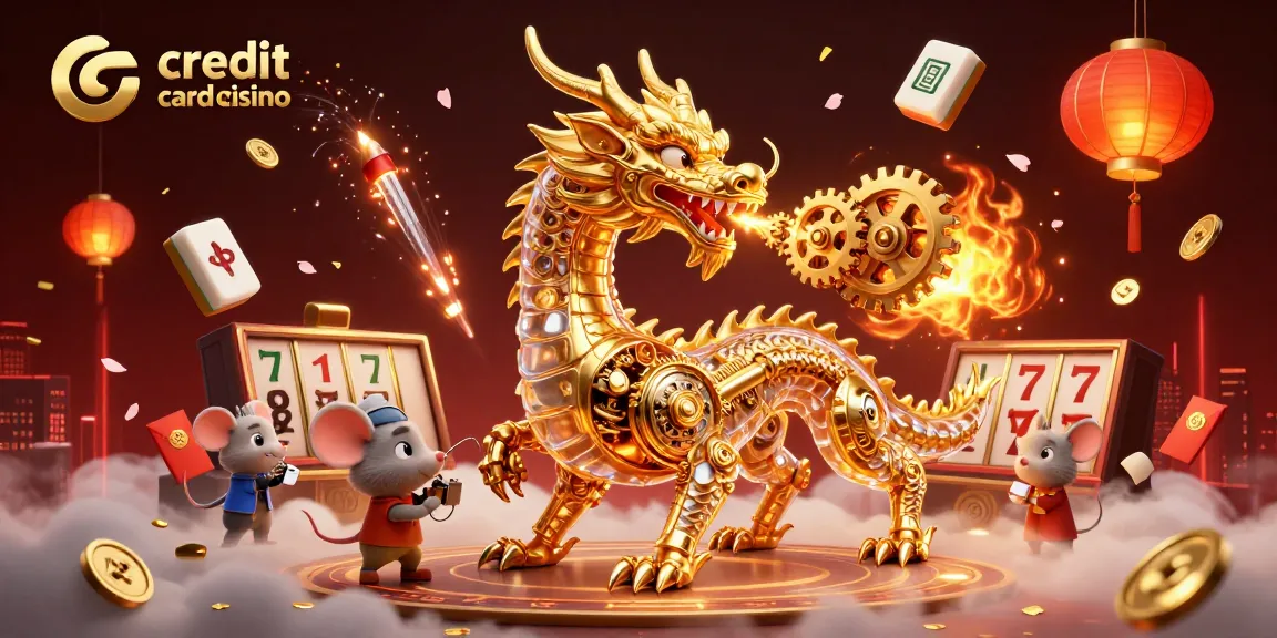 Experience a credit card casino adventure with a golden dragon surrounded by gaming elements.