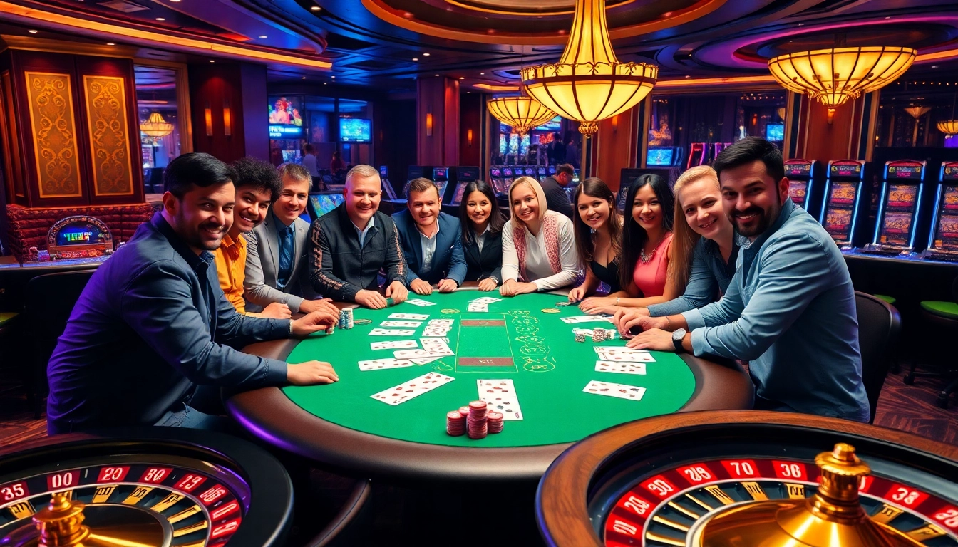 Players excitedly engaging at a QQ88 blackjack table filled with vibrant chips and cards.
