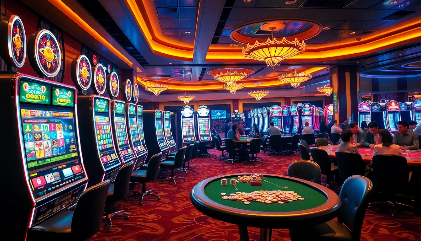 Engage in thrilling gaming experiences at Bro138, featuring vibrant slot machines and poker tables in a luxurious casino atmosphere.