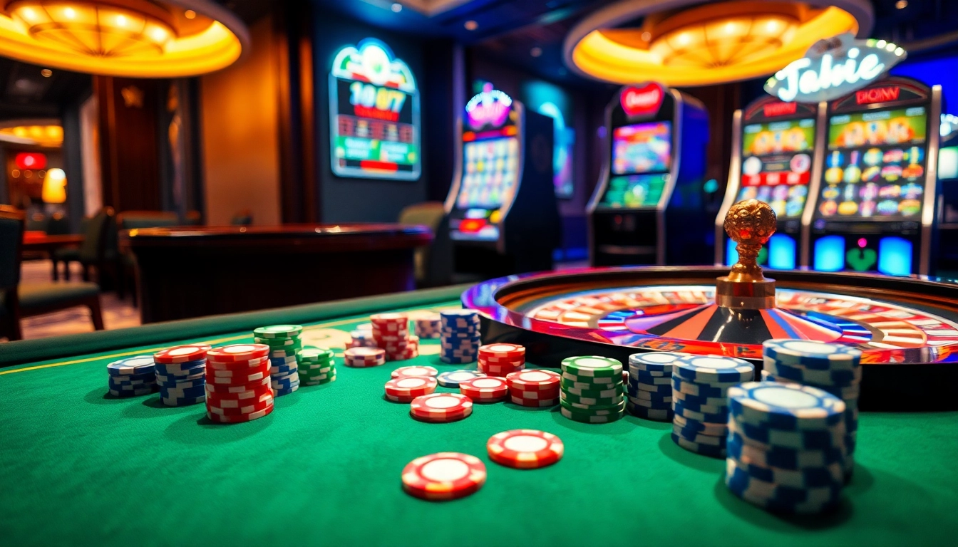 Experience the thrill of gambling at 77jili7 com with vibrant casino tables filled with chips and cards.