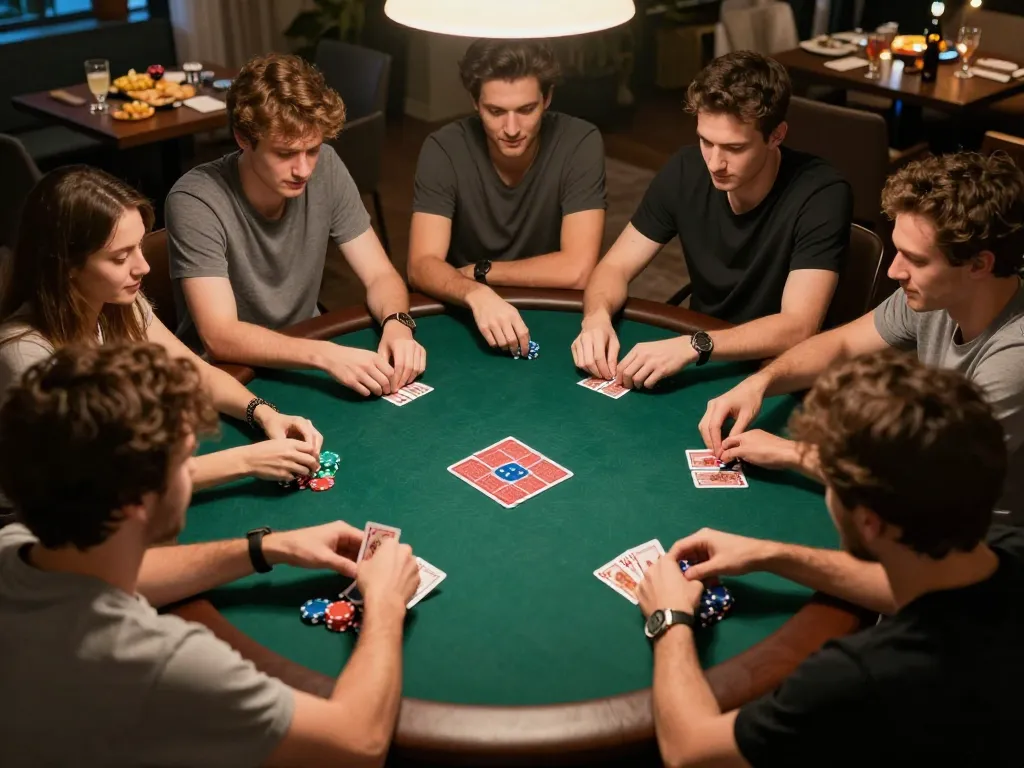 Engaging home scene of friends enjoying kèo nhà cái while playing poker, showcasing competitive excitement.