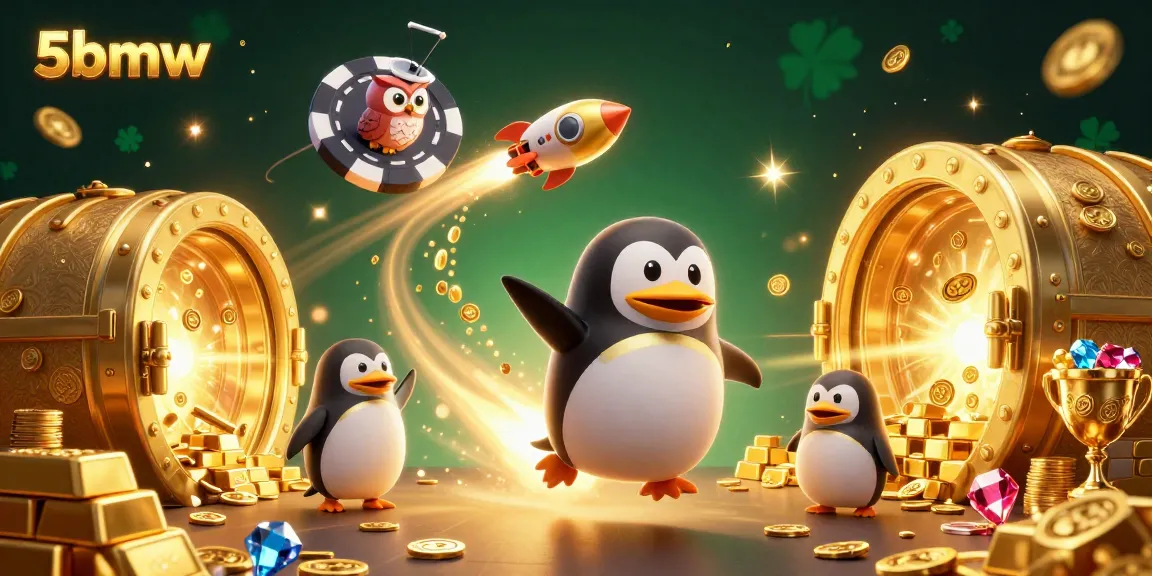Experience the excitement of 5bmw with the golden penguin and treasure-filled casino space!