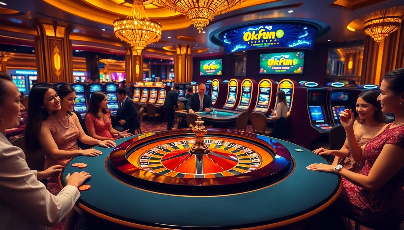 Players enjoying thrilling gambling action at Okfun casino with vivid slot machines and roulette tables.