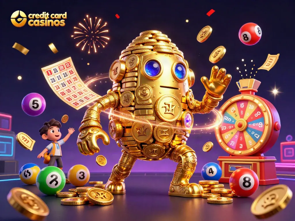 Experience the excitement of credit card casinos with dynamic games and vibrant promotions in a 3D illustration.