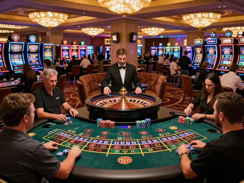 Experience the excitement of casinosscope with players at roulette tables and vibrant casino atmosphere.