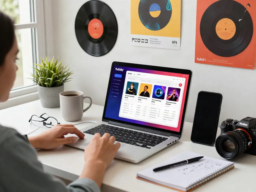 Tubidy music search engine being used in a vibrant digital workspace, with music-themed decor and a user actively searching for MP3 and MP4 downloads.