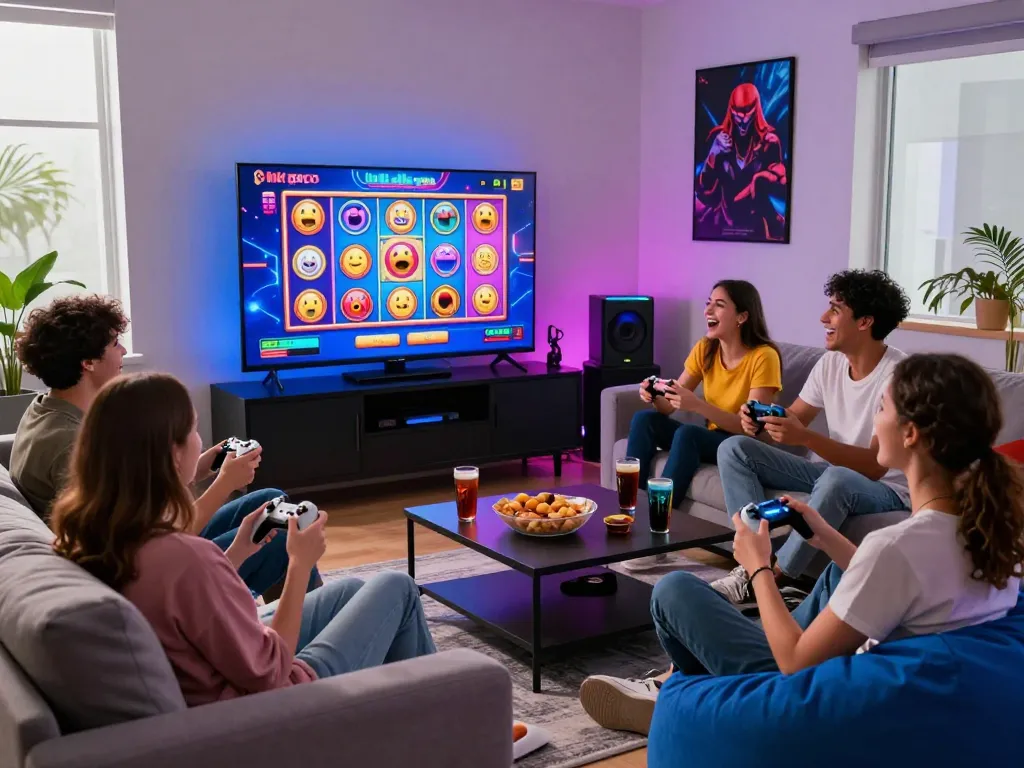 Teman-teman menikmati sesi permainan dengan link slot gaco ditampilkan di layar, suasana ruang tamu yang cerah