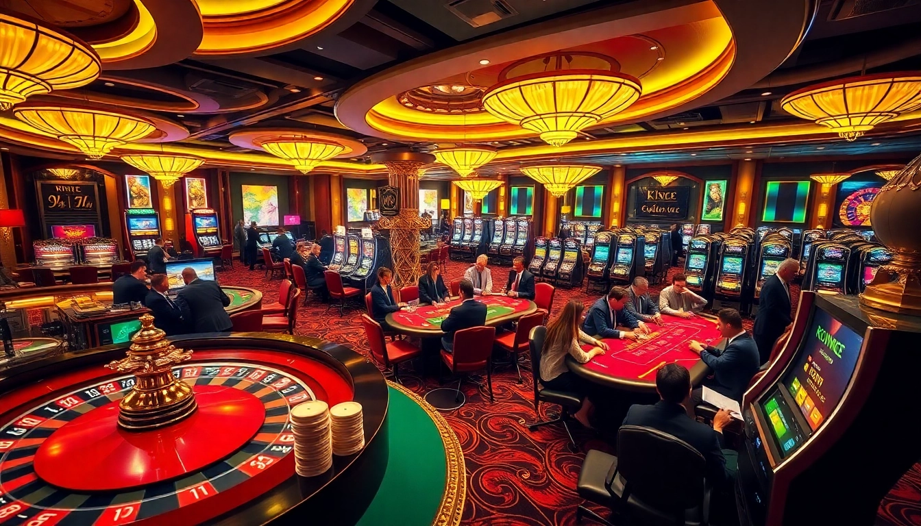 KJC gaming enthusiasts enjoying a lively casino atmosphere with poker chips and vibrant slot machines.