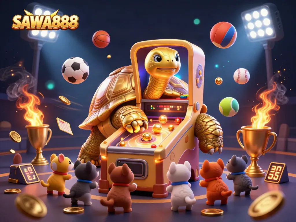 Watch the vibrant sports betting action at SAWA888 with exciting dynamic elements and a golden tortoise theme.