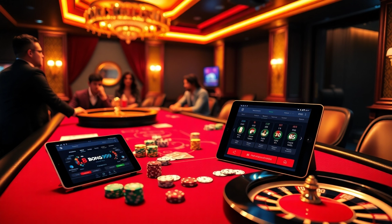 Bong99 players enjoying a strategic poker game at a luxurious casino table, highlighting vibrant chips and the betting interface.