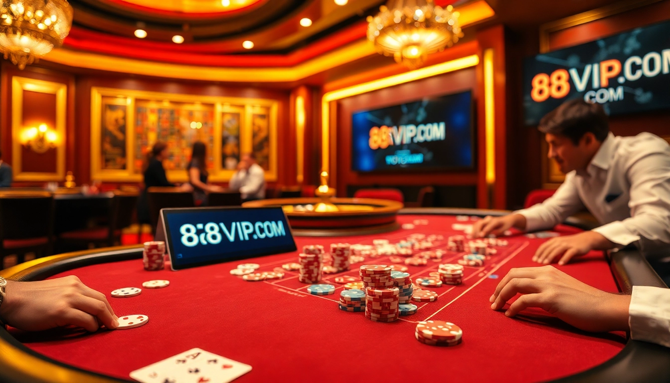 Excited players gambling at a poker table with chips at 68VIP.COM, showcasing a luxury casino experience.
