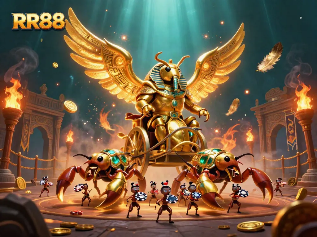 Experience the thrill of RR88 as golden scarabs and scorpions lead an epic casino battle.