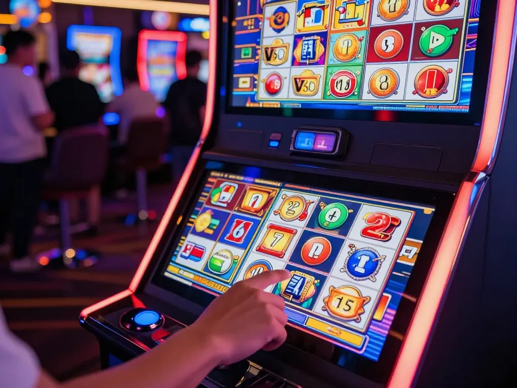 Player engaging with slot gacor machine, pressing spin button amid vibrant casino atmosphere.