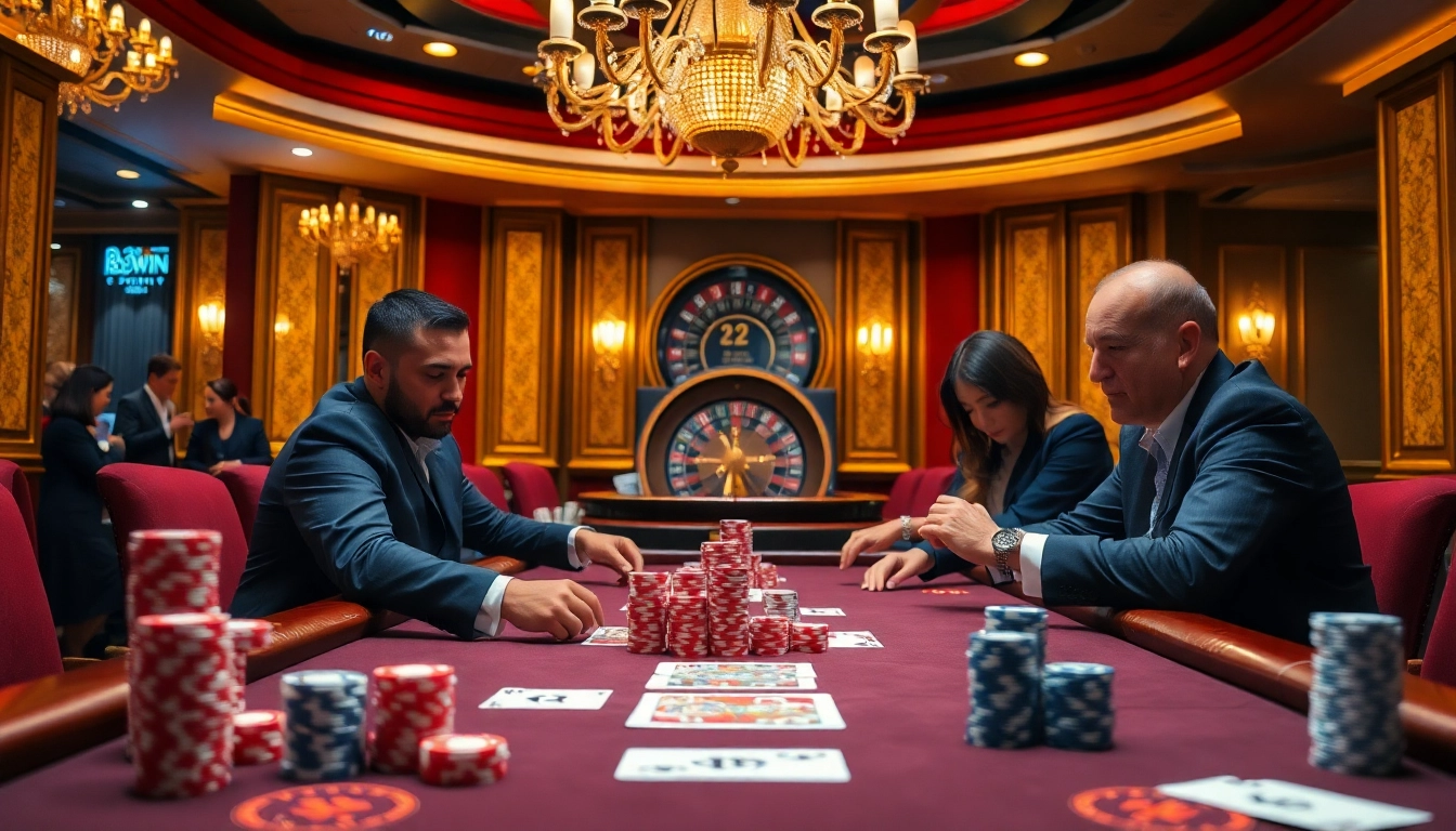Players place bets in an exciting poker game at 32win casino under elegant lighting.