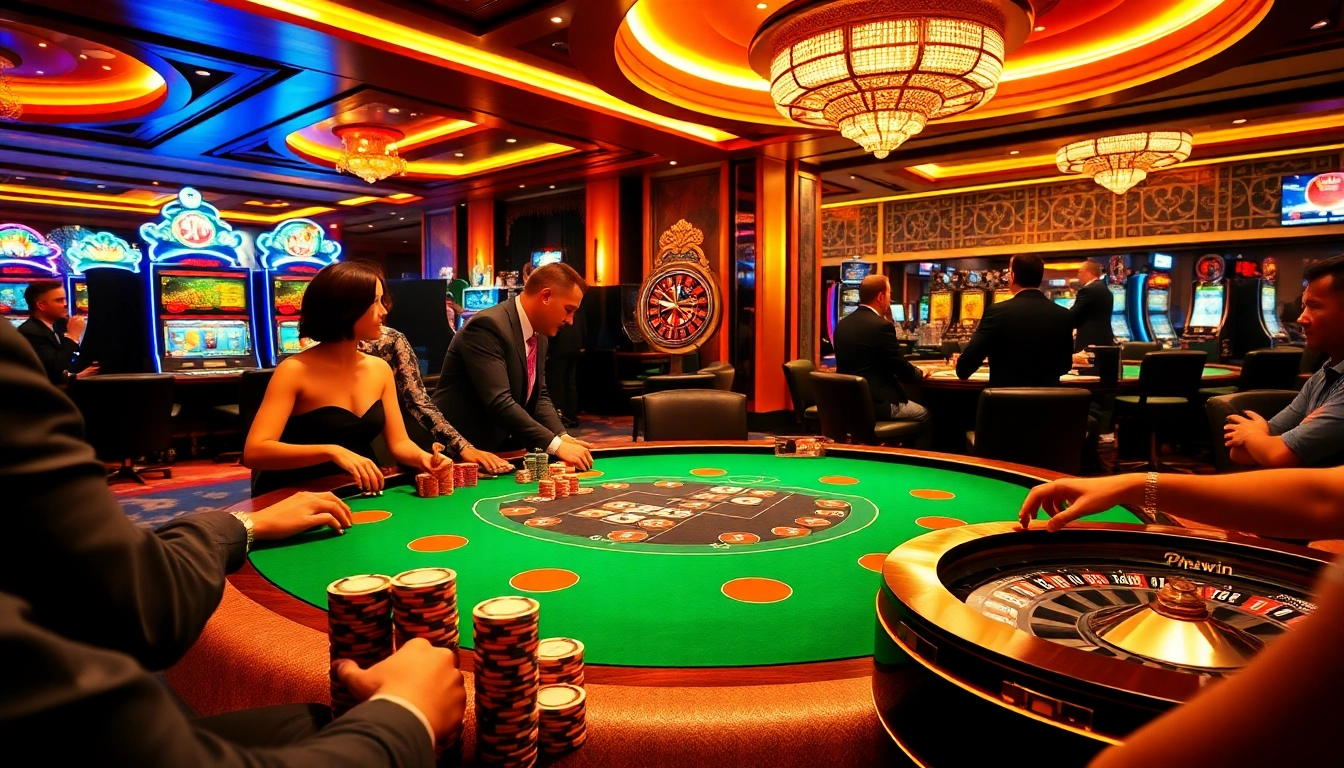 Experience high-stakes gambling at PHWIN casino with vibrant poker chips and roulette action.