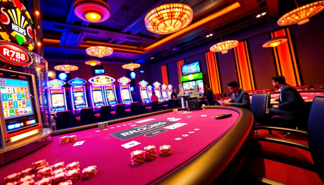 Vivez l'excitation de RR88 avec des jeux de casino vibrants, des jetons de poker colorés et une machine à sous lumineuse.