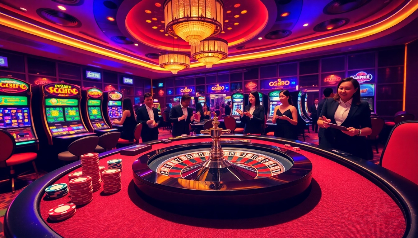Thrilling GG88 gaming table experience with poker chips and vibrant slot machines in a luxurious casino environment.