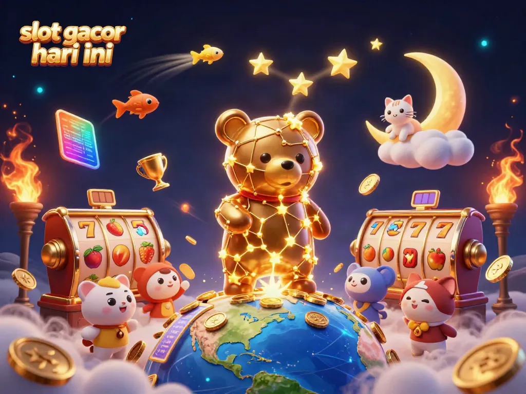 Slot gacor hari ini menampilkan beruang konstelasi mengumpulkan koin sambil dikelilingi elemen slot yang berkilauan.