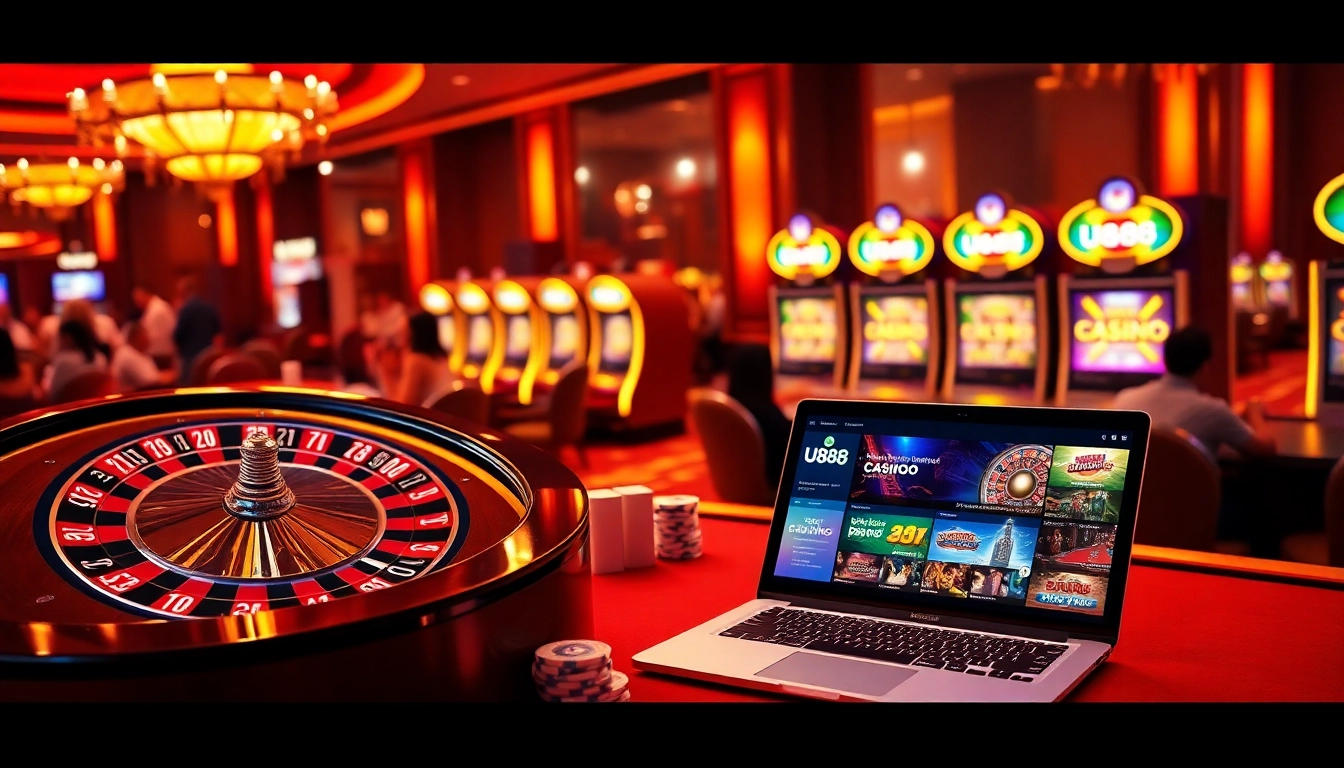 Players enjoying a thrilling online gambling experience at U888, with vibrant slot machines and card tables.