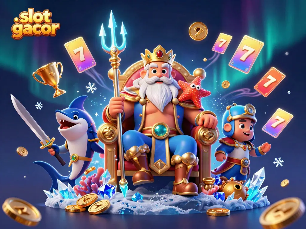 Engage with exciting slot gacor games featuring Neptune and friends, surrounded by vibrant casino elements.