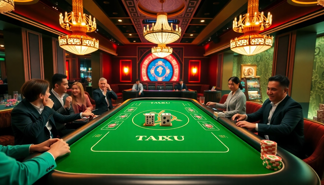 Players engaging in Tai Xiu betting at a luxurious casino table filled with dice and poker chips.
