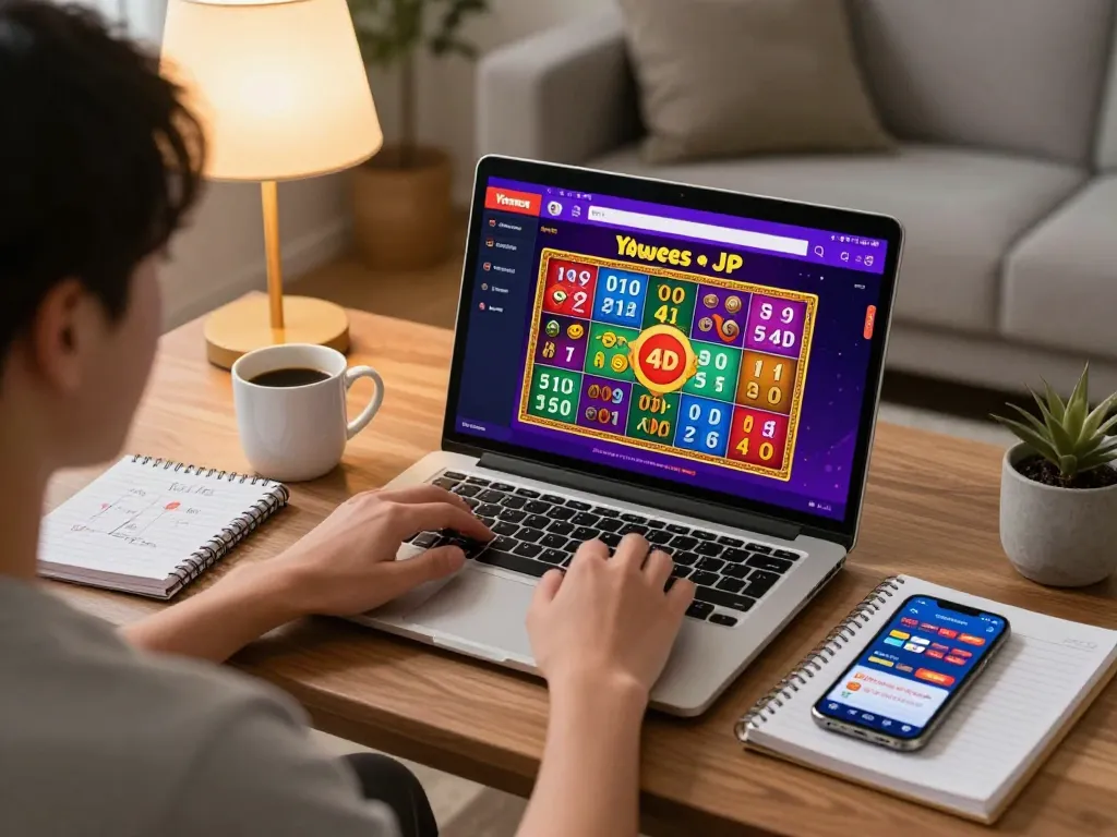 Engaged player at Yowes JP online casino on laptop, showcasing Toto Macau 4D interface in a cozy setting.