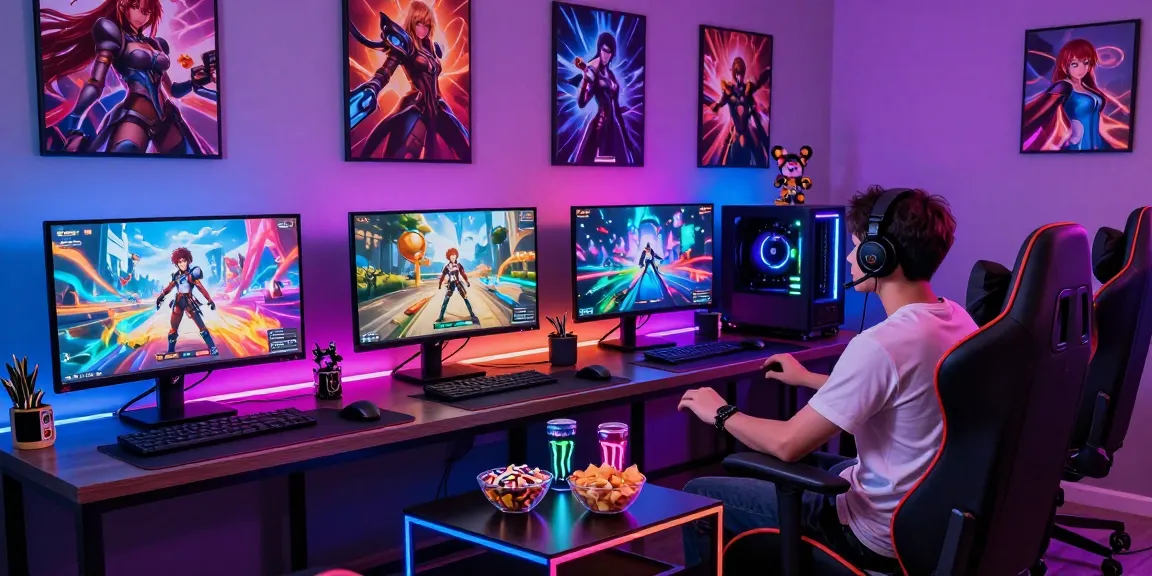 Gamer enjoying engaging 3D hentai game in a vibrant gaming lounge.