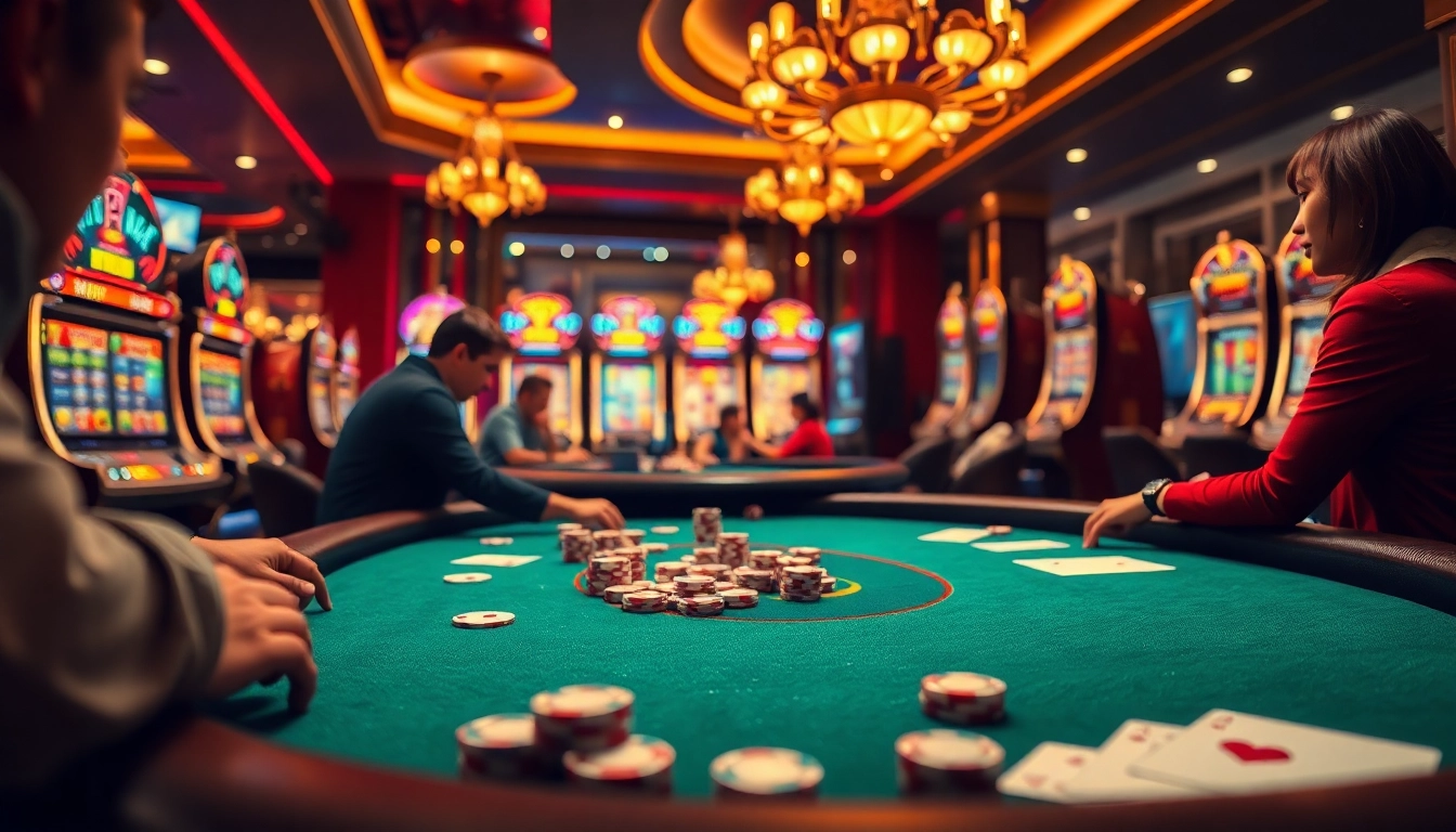Exciting casino scene showcasing trang chủ bet88 with poker players and colorful slot machines.