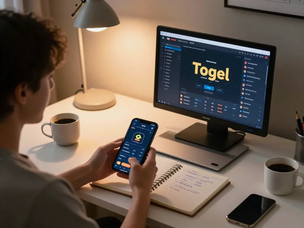 Dewa togel player checking betting interface on smartphone in cozy home office.