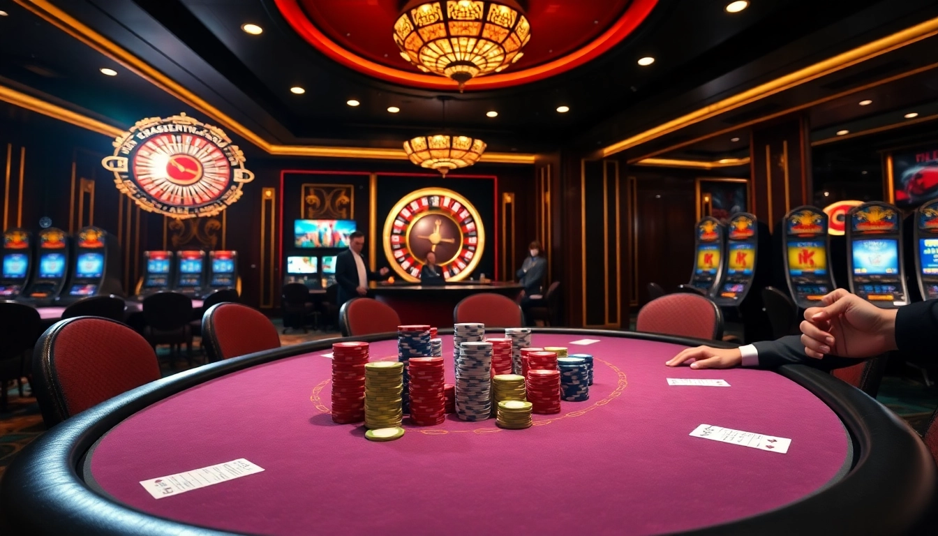 Catching the excitement at https://www.jl55.club/ with a vibrant casino scene featuring poker players and roulette wheel.