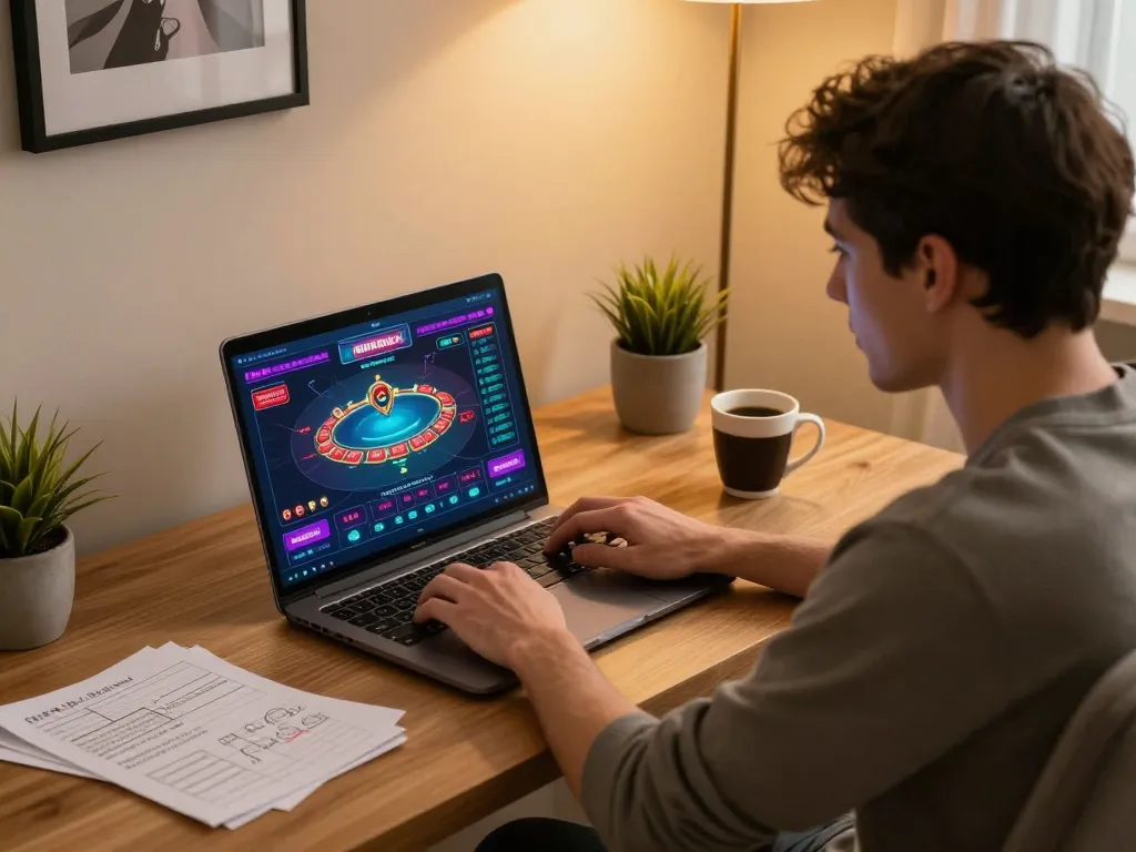 Engaged player using a laptop for online casinos in Canada, showcasing a cozy home gaming setup.