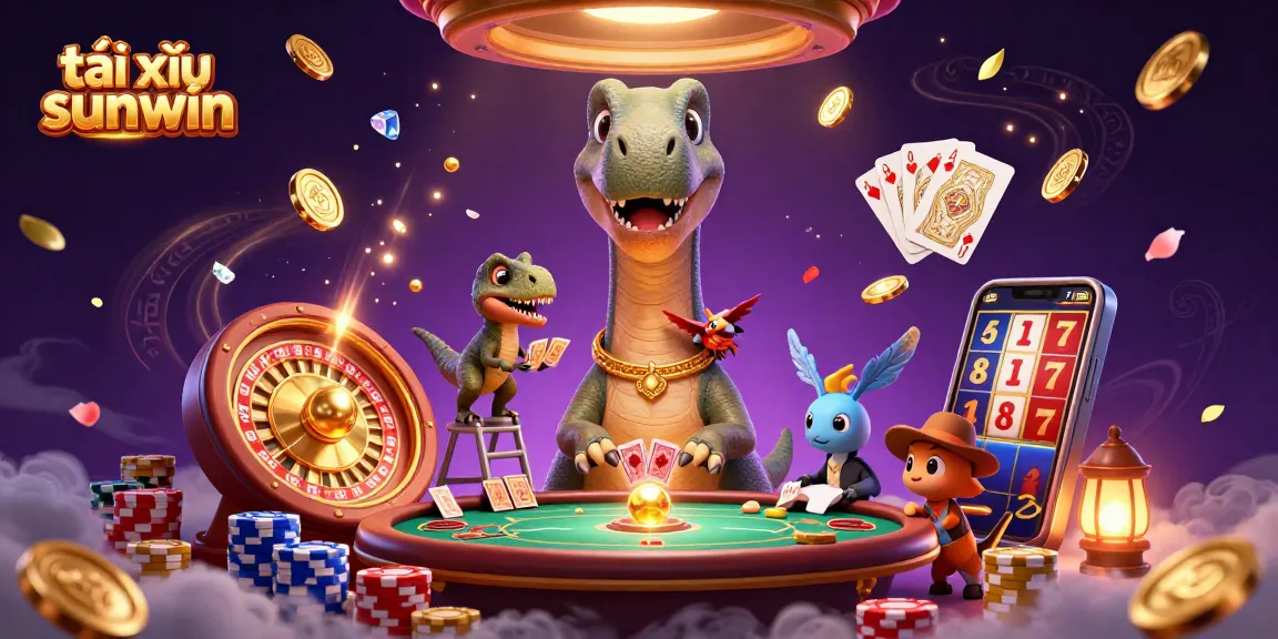 Engage in tài xỉu sunwin with a tall brontosaurus and raptor dealing cards amidst dazzling casino elements.